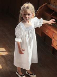 Hapijoa 年轻女孩纯色方领短袖休闲连衣裙家居服，女孩夏季服装 - 白色 - 查看 6