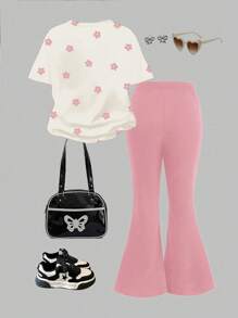 SHEIN 2 件套青少年女孩休闲简约设计短袖上衣和裤子，适合夏季 - 彩色 - 查看 2