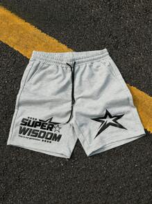 PAVTROS Manfinity Streetrush Manfinity EMRG Men's Young And Fashionable Street Style, Elastic Waist Drawstring Knitted Sports Shorts, Loose Version With Functional Pockets, Interesting Letter Star Pattern, Foam Offset Printing Design, Three-Dimensional And Textured, Suitable For Leisure, Sports, Daily Versatile, Holiday Gifts, Boyfriend Gifts