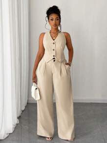 Elenzga 2pcs/Set Plus Size Women's Solid Color Short Vest & Wide Leg Casual Pants