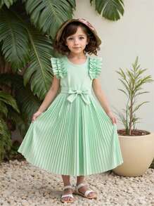 SHEIN Mädchen 4-7 Jahre modisches, süßes einfarbiges Kleid mit Puffärmeln, Taille und plissiertem Rockteil + Gürtel, Sommer