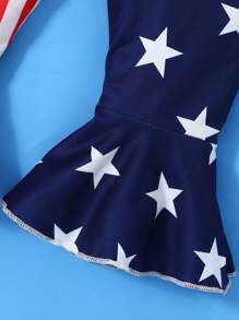 2 pièces/Set Combinaison bébé fille nouveau-né Jour de l'indépendance Imprimé Couleur contrastée avec pantalon évasé, Spécialement conçu pour le Jour de l'indépendance ou pour une utilisation quotidienne