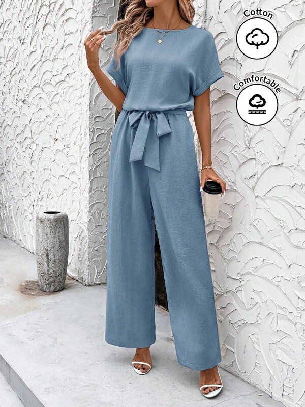 SHEIN Clasi Summer Elegant Women's Blue Cool Linen Pleated Fabric With Shoulder Sleeves And Tied Waist Short Sleeved Jumpsuit, Suitable For Various Occasions, Daily Travel, Outings, Etc