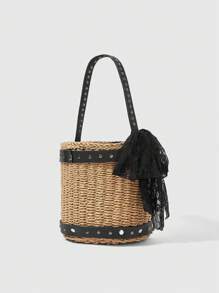 ROMWE Goth Moda feminina contraste cor caveira decoração bolsa de ombro tecida