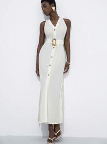 GENKIRA 新款时尚简约优雅女士长裙，V 领无袖前开襟，配有纽扣、腰带和玳瑁扣 - 白色 - 查看 2