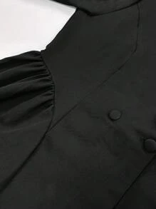 Selianne Vestido midi de manga larga con cuello alto y cintura de unicolor, elegante y digno, para trabajo, vestimenta de mujer de otoño - Negro - Ver 7