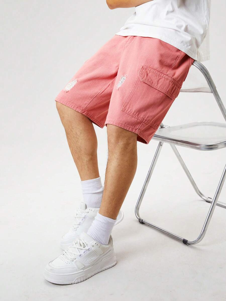 Chillumni Quần short denim giản dị màu trơn có túi rách dành cho nam phù hợp cho mùa hè - Hồng - Xem 1