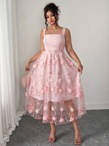 Cravure Plus Size Women's Elegant French Off Shoulder Solid Light Pink Sleeveless Floral Splice Romantic Long Dress, High Quality, Spring/Summer