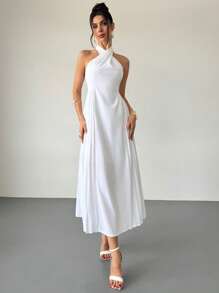 Firerie Váy chữ A hở lưng màu trắng thanh lịch, tinh tế, lãng mạn dành cho nữ, phù hợp cho khách dự tiệc cưới, hàng ngày, kỳ nghỉ, đi làm - trắng - Xem 4