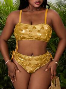 Slaydiva 2pcs Plus Size Women Metallic Pu Rose Decor Camisole + Backless Sports Bra Tankini Swimsuit, Fashion Beach Holiday