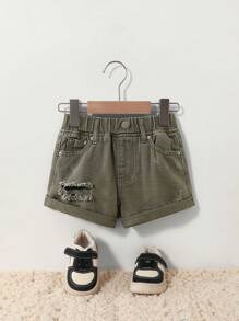 DENIMLY Young Girl Boho Vintage Army Green Mini Denim Shorts, Fully Elastic Waistband And Classic Five Pockets, Ripped Detail And Roll Up Hem Jean Shorts. Western Style And Soft.