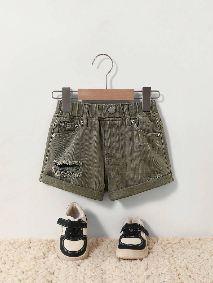 DENIMLY Young Girl Boho Vintage Army Green Mini Denim Shorts, Fully Elastic Waistband And Classic Five Pockets, Ripped Detail And Roll Up Hem Jean Shorts. Western Style And Soft.