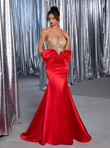 Glamrae Elegant Luxury Beaded Sequin Sexy Strapless Butterfly Decor Mermaid Dress With Trailing Train, Suitable For Wedding, Party, Prom, Evening Gown (Heavy-Duty Design)