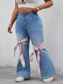 SHEIN SXY Plus Size Bow Patch Flare Jeans Summer For Women Festival Graduation Jeans - Blue - View 4