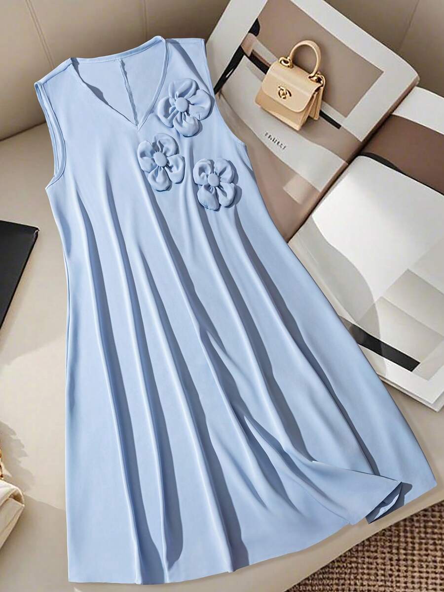 SHEIN Clasi 大码女式优雅纯色V领无袖荷叶边及膝休闲连衣裙，适合夏季派对和聚会 - 藍色 - 查看 1