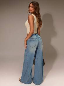 Forever 21 春季新款宽松低腰浅蓝色水洗休闲个性趣味女式牛仔裤 - 淺藍色 - 查看 2