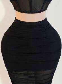 BamGleam Set de 2 piezas de top corto sin mangas con empalmado de malla y falda de unicolor para mujer - Negro - Ver 7