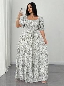 SHEIN Unity Đầm hoa cổ vuông nhún bèo eo cỡ lớn, phù hợp cho mùa hè - trắng - Xem 3