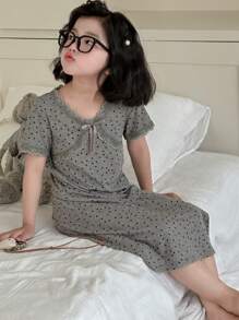 DAZY Young Girl Polka Dot Print Lace Patchwork Short Sleeve Top And Shorts Pajama Set - Grey - View 4