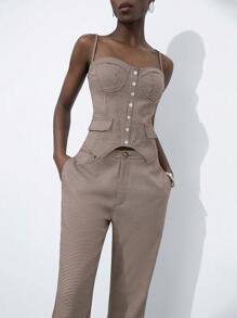 SHEIN Privé Nuevo conjunto de 2 piezas de top corto tipo bustier y pantalones de pierna acampanada a cuadros estilo vintage francés casual y relajado para mujeres jóvenes