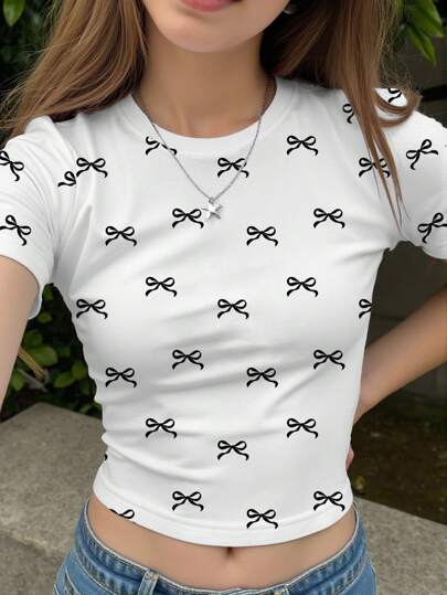 Teen Girls' Black Stylish Bow Print Crop Short Sleeve T-Shirt Summer Holiday