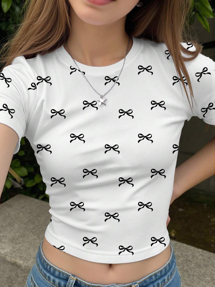 Teen Girls' Black Stylish Bow Print Crop Short Sleeve T-Shirt Summer Holiday