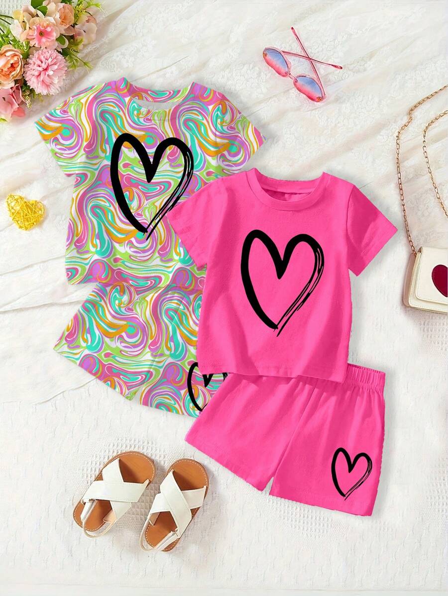 Young Girl Casual Minimalist Pattern Short Sleeve T-Shirt & Shorts Set, Summer - Multicolor - View 1