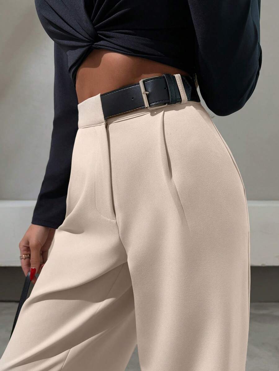 SHEIN Tall Pantalón de corte recto con detalle de cinturón de media piel sintética, estilo elegante