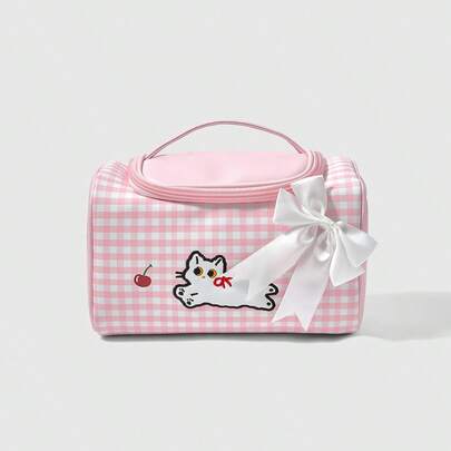 ROMWE Kawaii 可爱粉色格子樱桃猫图案大容量化妆品收纳包 1368226