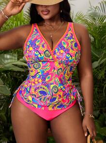 Swim Lushoire Plus Size Women Random Printed Ruffled Drawstring Tie Two Pieces Backless Bikini Swimsuit, Casual Beach Vacation For Summer - Blue - View 5