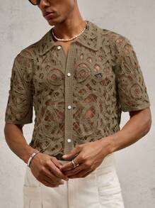 AKNOTIC Business Casual Áo len dệt kim khoét lỗ dáng rộng thoải mái cho nam, thích hợp cho mùa hè, đi học - Màu Khaki - Xem 4