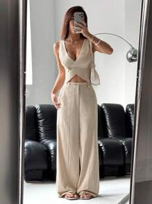 SHEIN EZwear Women Single-Button Vest And Pants Suit Set, Solid Color In Fall/Winter - Apricot - View 3