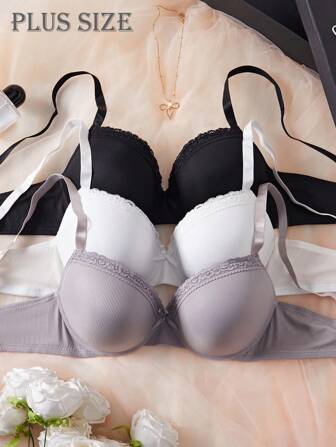 SHEIN 3件套女士加大码简约文胸，带钢圈、提升和支撑