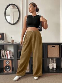 SHEIN Unity Plus Size Embossed Wide Leg Suit Pants, Fashionable For Summer - Brown - View 4