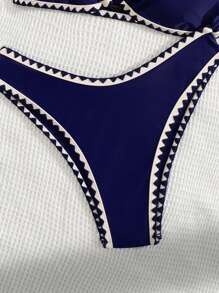 Swim Basics 2 件可调节肩带纯色贝壳边低腰三角比基尼套装，女士夏季沙滩泳装 - 藏蓝色 - 查看 5