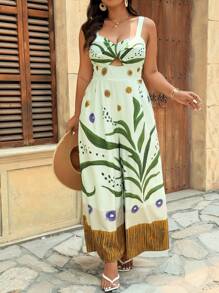 SHEIN VCAY Große Größen Urlaubs-Lässig Kontrast-Farbiges Pflanzen-Muster-Jumpsuit