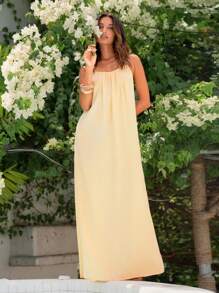 Vivid Eden 春夏时尚度假风格缎面女装 - 杏色 - 查看 2