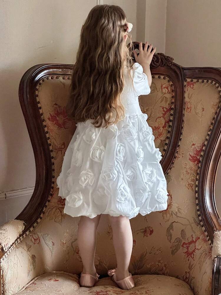 Young Girls Solid Color Collared Puff Sleeve Splice Short Sleeve Dress,Girls Summer Outfits