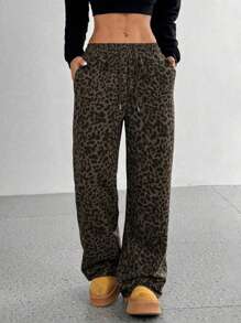 SHEIN Unity Women's Leopard Print Casual Wide Leg Loose Slimming Pants Fall Cloth For Women - Brown - View 4