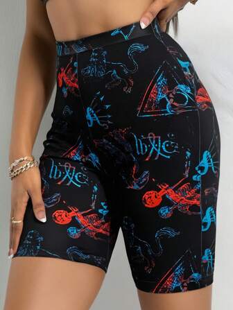 HARRY POTTER X SHEIN Women's Allover Print Elastic Waist Biker Shorts, Suitable For Summer