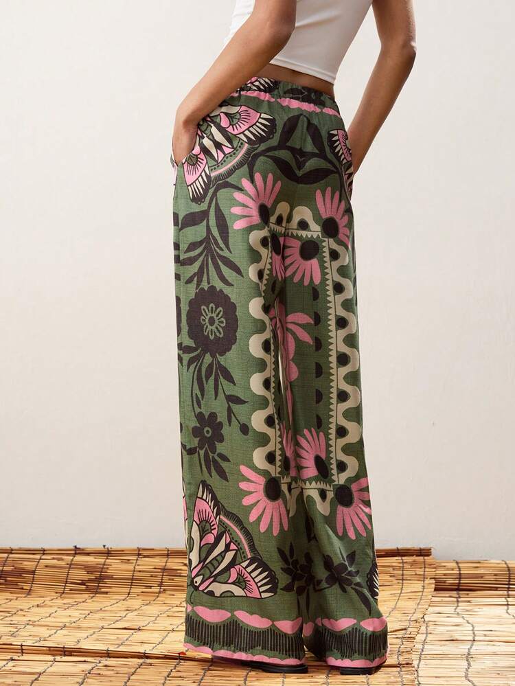 SHEIN Maija Women's Green Floral Summer Boho Pants,Loose High Waist Vacation Holiday Casual Trousers With Slant Pockets,Front Button Zipper Beach