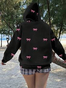 SHEIN EZwear Plus Size Black Bow Sweatshirt: Casual Rib-Knit Long Sleeve Sweatshirt With Pink Bow Print And Regular Hem - Multicolor - View 6