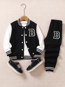 SHEIN Genkimix Kids 2 件套年轻男孩学院风服装 - 黑色针织上衣，白色袖子，大字母“A”印花，搭配同款印花运动裤，罗纹领、袖口和下摆，舒适休闲，适合春秋季节、日常穿着、运动、上学、旅行