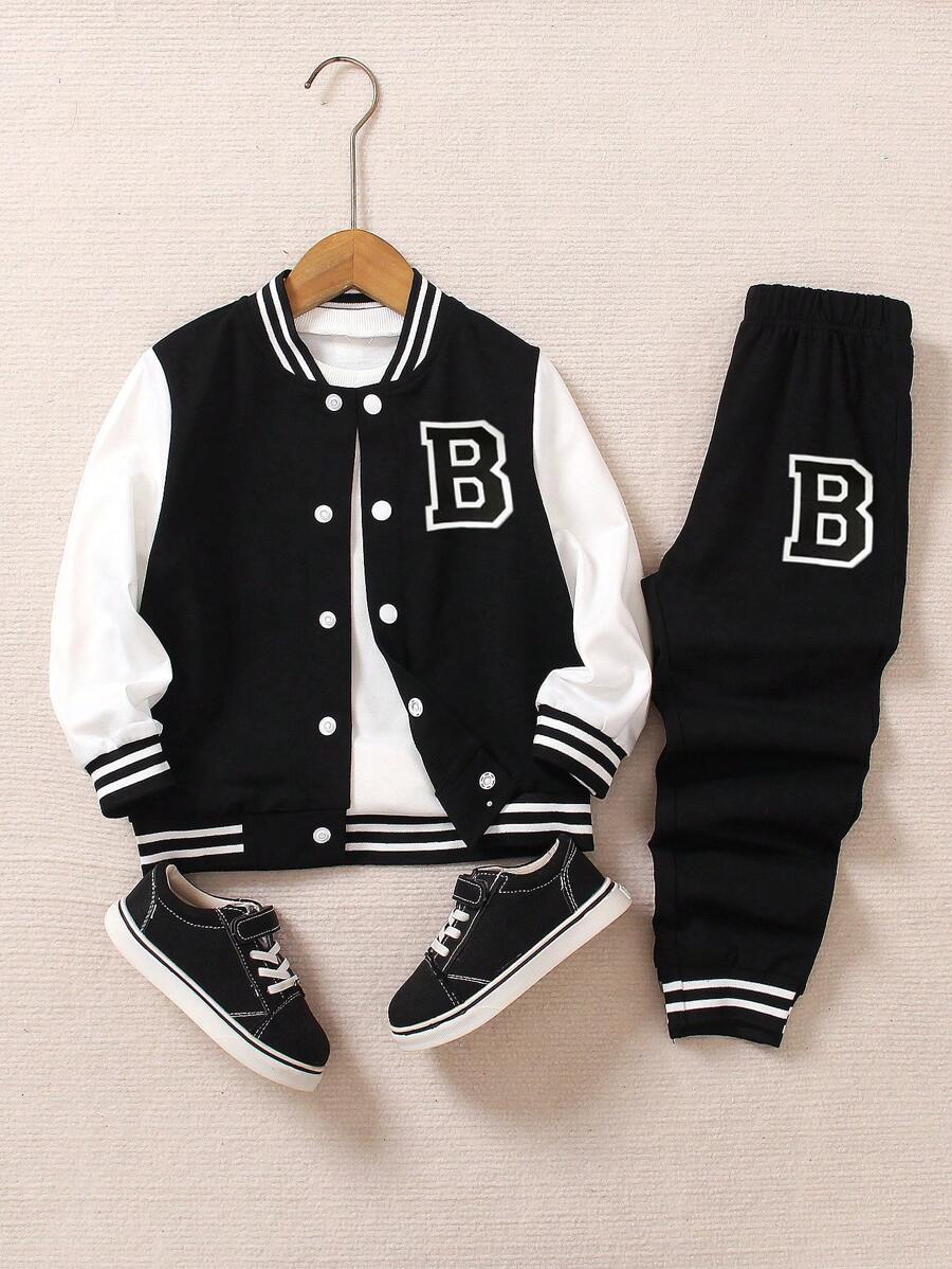 SHEIN Genkimix Kids 2 件套年轻男孩学院风服装 - 黑色针织上衣，白色袖子，大字母“A”印花，搭配同款印花运动裤，罗纹领、袖口和下摆，舒适休闲，适合春秋季节、日常穿着、运动、上学、旅行