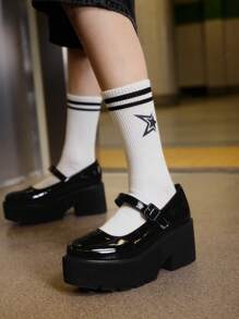 Sugerpunk Women Black Leather Chunky Wedge Platform Shoes, For Outdoor, Graduation, Wedding Party, Summer, University Students, Spring - Black - View 2