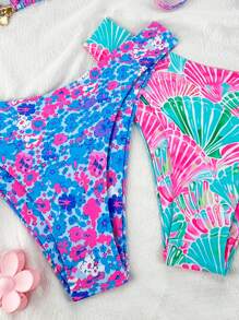 Swim Mod 4 件套新款碎花 + 彩色贝壳和海星金属装饰侧系带比基尼泳装套装，海滩度假女士泳装 - 彩色 - 查看 4