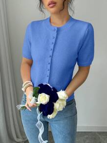 Chiquease New Casual Loose Pink Minimalist Buttoned Knit Pullover Sweater, Women Short Sleeve - Navy Blue - View 4