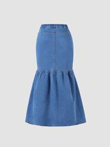Sparklyn Teen Girl Personalized Street Fashion Style Front Button Elastic Waist Front Split Denim Skirt