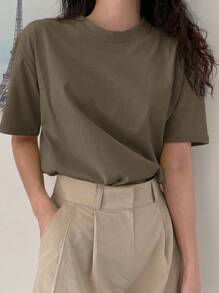 DAZY Women's Simple Solid Color Crew Neck Breathable Short Sleeve T-Shirt, Summer - Brown - View 4