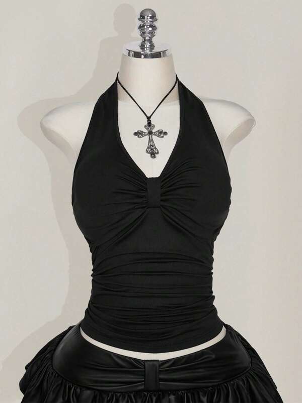 SHEIN ICON Plus Size Black Ruched Halter Crop Top With Backless & Bowknot Detail, Suitable For Vacation, Music Festival, Punk